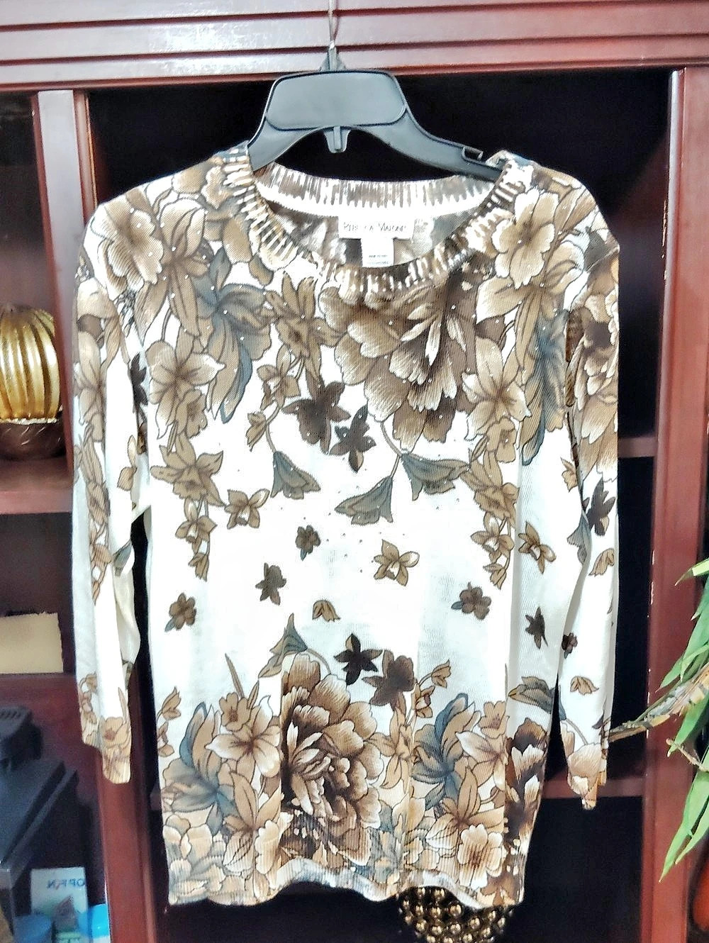 Rebecca Malone Floral Long Sleeve Top in White & Brown Size Medium